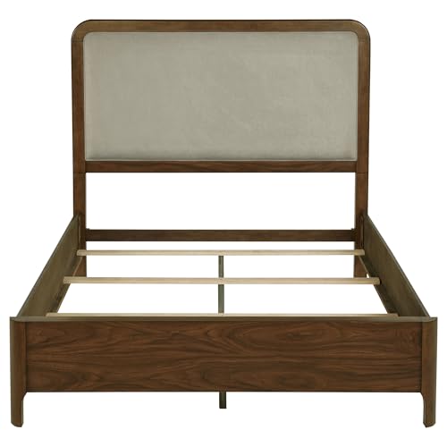 Queen Bed, Upholstered Bed, Walnut Panel Bed, Grey Fabric Headboard, Bed Frame, Extra Low Footboard, Walnut Veneer, Transitional for Modern and Classic Rooms, 1 Bed
