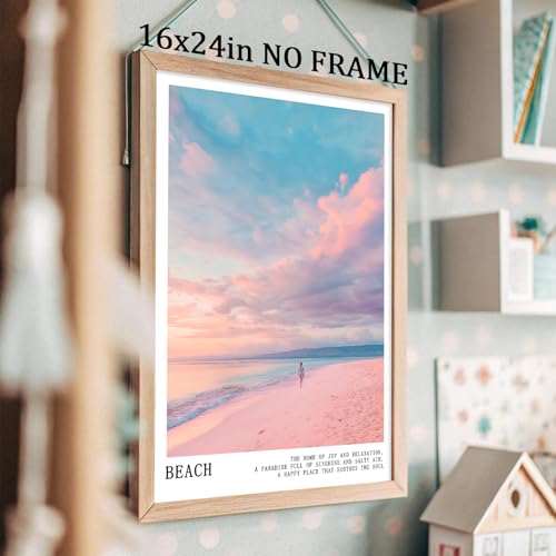 Pink and Blue Coastal Wall Art Cute Preppy Summer Pictures Aesthetic Summer Posters Trendy Beach Pictures Blue Ocean Painting Coastal Cowgirl Artwork Beach Wave Picture for Home Room 16x24in Frameless - color: C3Unframed