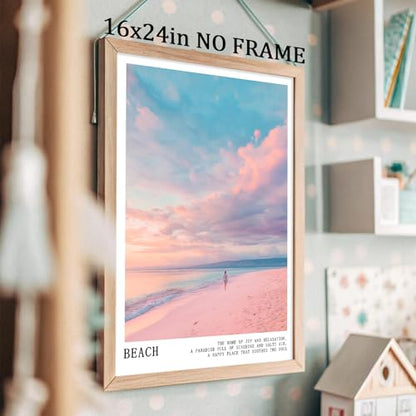 Pink and Blue Coastal Wall Art Cute Preppy Summer Pictures Aesthetic Summer Posters Trendy Beach Pictures Blue Ocean Painting Coastal Cowgirl Artwork Beach Wave Picture for Home Room 16x24in Frameless - color: C3Unframed