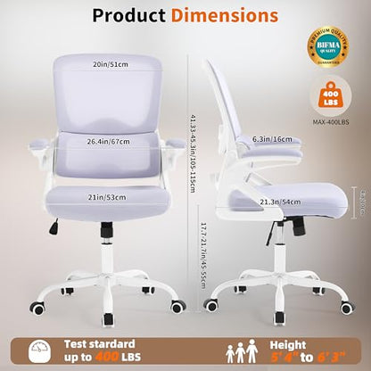 Ergonomic Office Chair,Mesh Office Chair with Lumbar Support,Mid Back Desk Chair with Flip-up Arms,400 lbs Comfy Computer Chair for Home Office - color: Lavender
