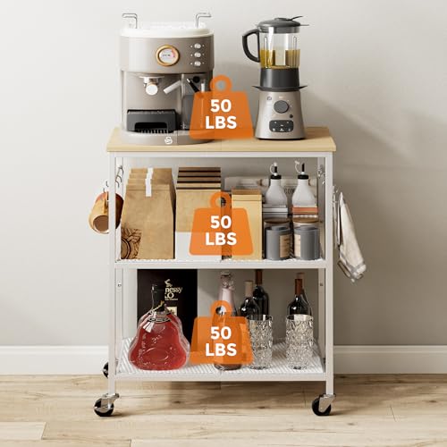 Homleke 3-Tier Rolling Kitchen Microwave Cart, Utility Cart | with Lockable Wheels Coffee Bar Table Station with 6 Hooks, Small Appliance Storage Shelf, White and Natural - color: White and Natural