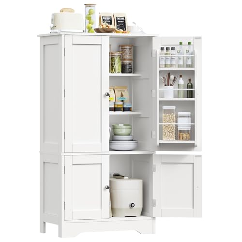 43'H Pantry Cabinet with 4 Doors, Kitchen Cabinet with 6 Door Shelves, Storage Cabinet-Kitchen Pantry for Living Room, Dining Room, Bathroom, White - color: White-1