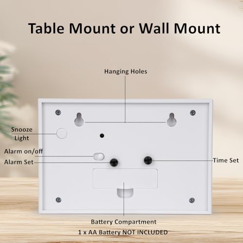 Silent No Ticking Analog Alarm Clock,Crescendo Alarm,Snooze with Light,Tablemount Wall Mount for Desk Bedside,White