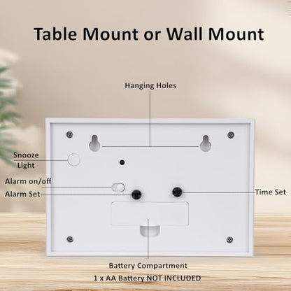 Silent No Ticking Analog Alarm Clock,Crescendo Alarm,Snooze with Light,Tablemount Wall Mount for Desk Bedside,White
