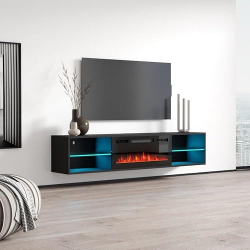 Meble Furniture Lima EF Floating Fireplace TV Stand — Wall Mounted Electric Fireplace Media Console — Matte Finish, 72 inches — Black