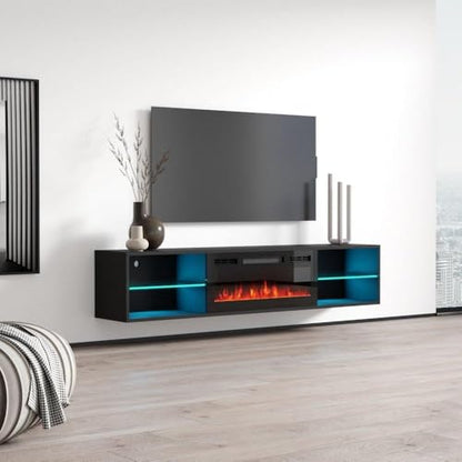 Meble Furniture Lima EF Floating Fireplace TV Stand — Wall Mounted Electric Fireplace Media Console — Matte Finish, 72 inches — Black