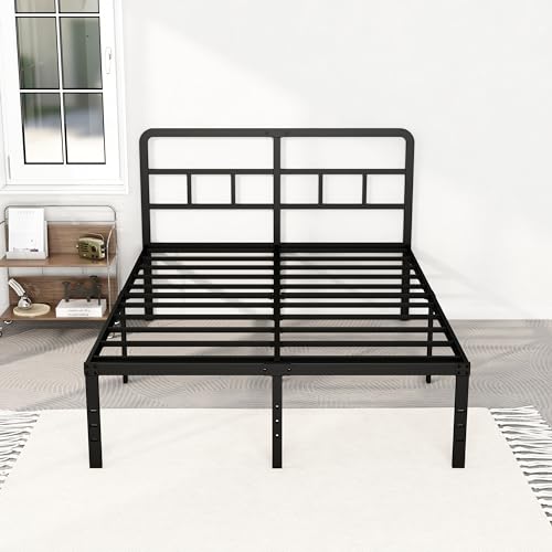 DiaOutro 18 Inch High Full Size Bed Frame with Headboard, Black | Heavy Duty Bed For Kids Adults, Steel Slat Supports No Box Spring Needed, Easy Assembly, Noise Free - size: Full, style: 18 Inch