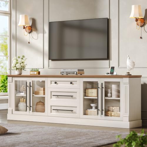 Itaar Farmhouse TV Stands for 80 Inch TV with Storage for Living Room | 3 Storage Cabinets, 1 Drawer, Living Room & Bedroom, Wood Media Console (White, 69.7 IN) - color: White, size: 69.7 IN