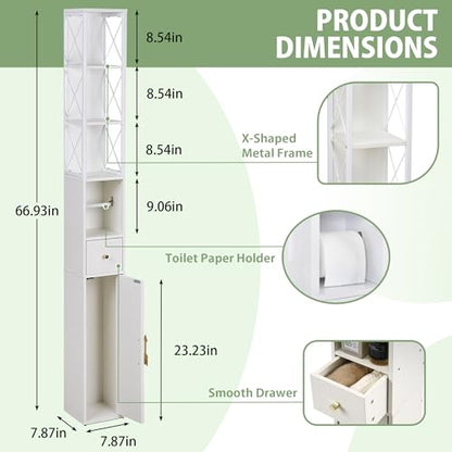 VECELO Tall Narrow Storage Cabinet with X-Frame Metal Design, Slim Freestanding Bathroom Cabinet with Toilet Paper Holder, Magnetic Door & Drawer, for Small Spaces, 7.9" D x 7.9" W x 67" H, White - color: Hollow Top