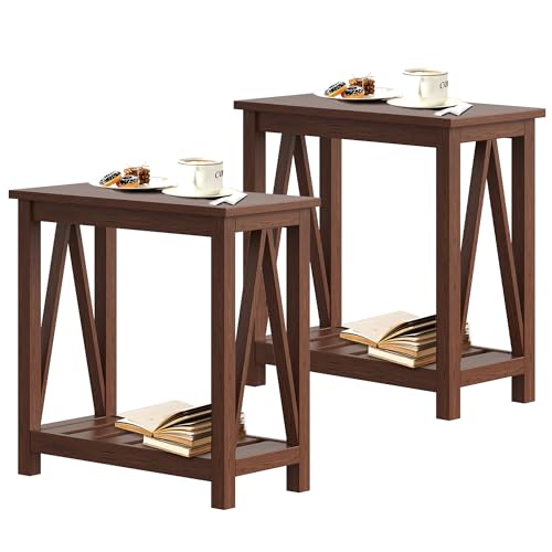 ChooChoo Farmhouse End Table, Narrow Side Table with Shelf | Slim Bedside Table ,Small Spaces, Rustic Nightstand, Living Room, Bedroom,Walnut - color: Walnut, size: 2 Pack
