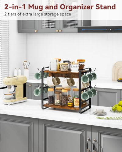IBUYKE Kitchen Mug Cup Holder,2 Tier Coffee Bar Organizer,Brown TBJ006H | Coffee Bar Station Countertop Organizer Coffee Mug Stand with 18 Hooks,Multifunctional Mug Tree for Home Kitchen Office - color: Rustic Brown