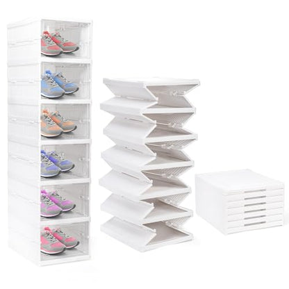 Nicunom Foldable Shoe Rack Organizer, 6-Tier Shoe Storage Box Collapsible Plastic Shoe Shelf Clear Shoe Boxes with Doors, Stackable Shoe Storage Bins Shoe Organizer for Entryway Closet