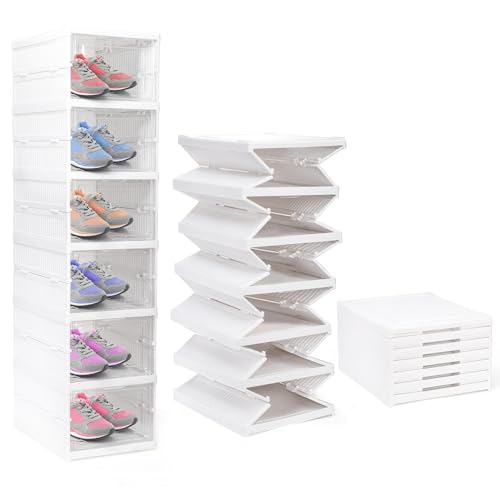 Nicunom Foldable Shoe Rack Organizer, 6-Tier Shoe Storage Box Collapsible Plastic Shoe Shelf Clear Shoe Boxes with Doors, Stackable Shoe Storage Bins Shoe Organizer for Entryway Closet