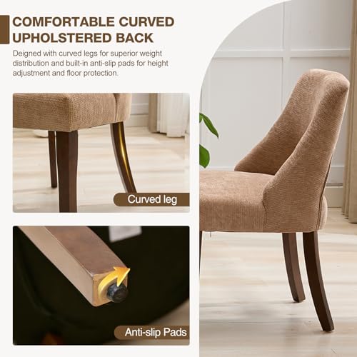 UVV Wooden Dining Chairs Set of 2, Mid Century Modern Upholstered Dining Room Chair Kitchen Chairs, Chenille Dinner Chair with Solid Wood Legs for Kitchen Dining Room, Khaki - color: Khaki, size: Set of 2