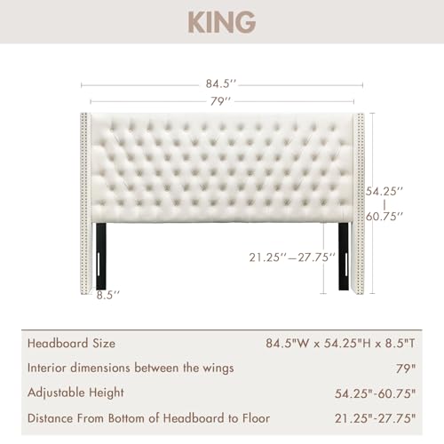 Madison Park King Wingback Upholstered Tufted Headboard, Featuring High-Density Sponge Padding, Adjustable Height Headboard, Easy Assembly, Beige Velvet - color: Beige Velvet, size: King