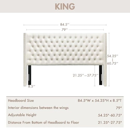 Madison Park King Wingback Upholstered Tufted Headboard, Featuring High-Density Sponge Padding, Adjustable Height Headboard, Easy Assembly, Beige Velvet - color: Beige Velvet, size: King
