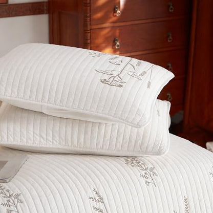 MarCielo 3pcs Cotton Quilt Set, White Floral | Bedspread Coverlet, With Shams - color: White Wildflower, size: Queen (98" x 90")