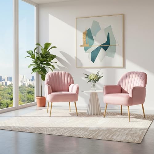 GDFStudio 25" Velvet Accent Chair with Arms and Back, Modern Shell-Shaped Upholstered Barrel Chairs, Small Comfy Reading Chair Lounge Chairs with Solid Legs for Living Room Bedroom Office Cafe, Pink - color: Pink