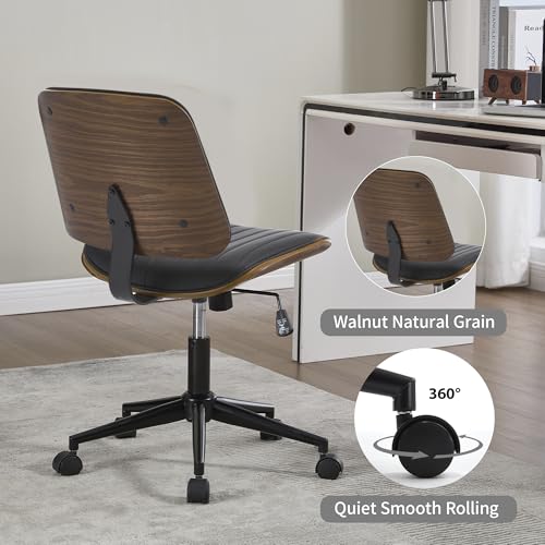 VipDesk Small Home Office Chair - Armless Mid Back Desk Chair with 360° Swivel and Wheels, PU Upholstered Height Adjustable Modern Walnut Computer Chair for Home, Office Meeting Room - Black - color: Black, size: Classic