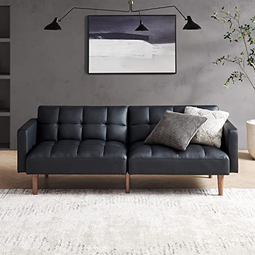 mopio 76.4" Futon Sofa Bed Tufted Styled, Sleeper Couch (Midnight Black PU) | Easy-clean surface reclines flat for visitors; a space-smart mid-century silhouette works anywhere. - color: Aaron Pu, Midnight Black