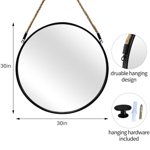 POZINO 30 Inch Large Round Hanging Mirror with Black Metal Frame | Circle HD Mirror with Jute Rope, Anti-Rust, Farmhouse Decorative Wall Mirror for Entryway, Living Room, Fireplace, Bathroom - color: Black, size: 30"L x 30"W
