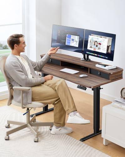 HUANUO 60″ x 30″ Electric Standing Desk with 2 Drawers, C-Clamp Mount Compatible, Height Adjustable Computer Desk, Home Office Stand Up Desk with 4 Preset Heights & 2 Hooks, Walnut - color: Walnut, size: 60" X 30"