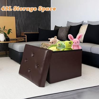Ottoman with Storage Foot Stool, 17 Inches Folding Storage Ottomans, Leather Upholstered Ottoman Foot Rest with Side Pockets, Suitable for Living Room, Bedroom, Cafe (Brown Rhombus) - size: 17"D x 12.5"W x 12.5"H