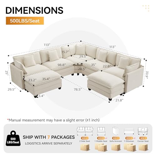 113'' V Shaped Sectional Cloud Couch, Modular Sofas for Living Room, Beige | Deep Seat Cloud Oversized V Shaped Sectional, Modular Sofa with Movable Ottoman, Upholstered Chenille Couches for Living Room - color: Beige, size: 113'' V Shaped+2 Ottoman