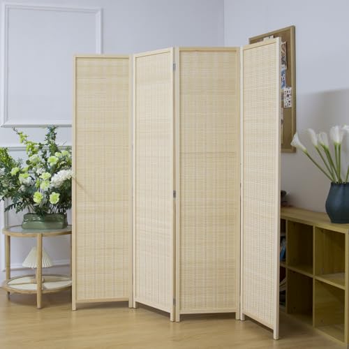4 Panel Bamboo Room Divider Screen,5.6 FT Tall Bamboo Divider Folding Privacy Screen,Freestanding Panel Divider for Room Seperation,Beige - color: Beige, size: 4 Panel