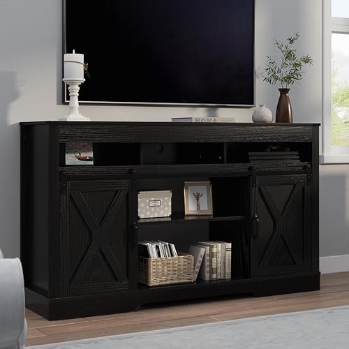 RoyalCraft Farmhouse TV Stand for 23" Fireplace, 34'' Tall Entertainment Center for 65+ Inch TV, 34" Tall Rustic TV Console with Sliding Bar Door for Living Room Black - color: Black, style: Without Fireplace
