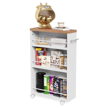 LITTLE TREE 4 Tier Rolling Cart with Wheels, 6.3 Inch Slim Storage Cart, Wooden Snack Cart with Narrow Shelf, White Laundry Room and Bathroom Organizer Shelves - color: White