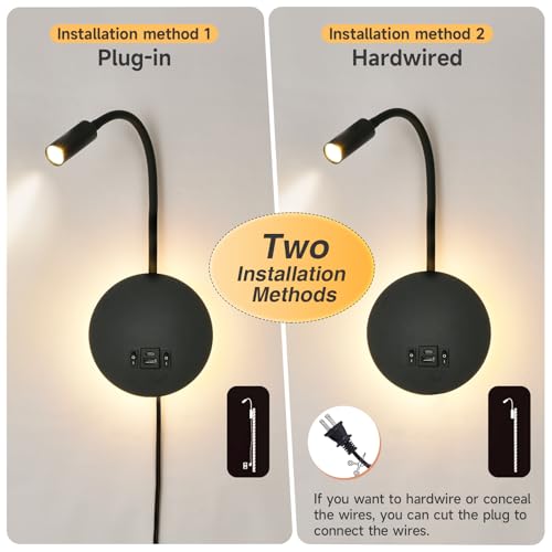 Wall Mounted Reading Light with USB & USB-C Charging Port, Plug-in LED Headboard Reading Light, with Ambient Lighting, Bedside Spot Wall Lamps with Flexible Gooseneck, Black Finished - color: Not Dimmable/Warm White/USB&USB-C