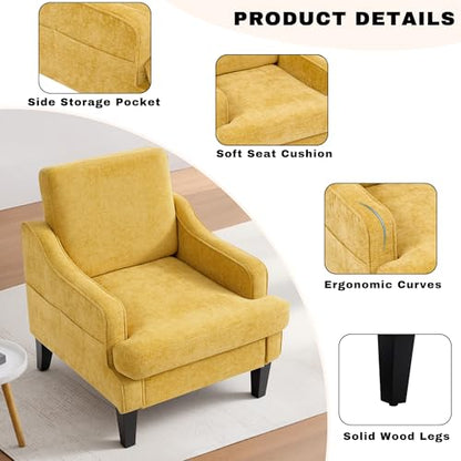 Accent Chair for Living Room,Mid-Century Arm Chair Chenille Fabric Living Room Chairs,Upholstered Reading Chair for Bedroom,Single Sofa Chair with Wood Legs for Apartment (Yellow) - color: Yellow