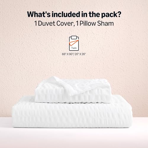Amazon Basics Duvet Cover Set with Jacquard Geometric Pattern, 2-Piece with 1 Duvet Cover and 1 Pillow Sham, Comforter Not Included, Twin, White - color: White, size: Twin