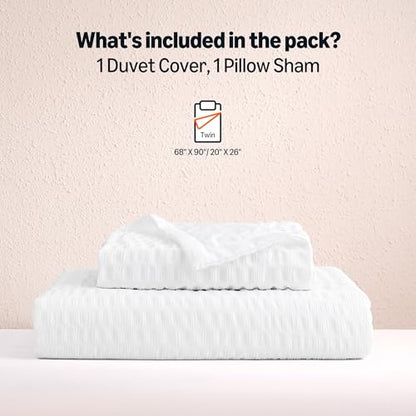 Amazon Basics Duvet Cover Set with Jacquard Geometric Pattern, 2-Piece with 1 Duvet Cover and 1 Pillow Sham, Comforter Not Included, Twin, White - color: White, size: Twin