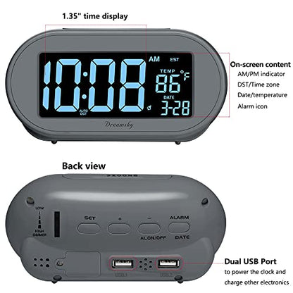 DreamSky Alarm Clocks for Bedrooms, Auto Set Digital Clock with Date & Temp | Electric Desk Clock with Dimmable Brightness Dimmer for Bedside Nightstand, Auto DST, USB Port, Temperature, Snooze - color: Gray