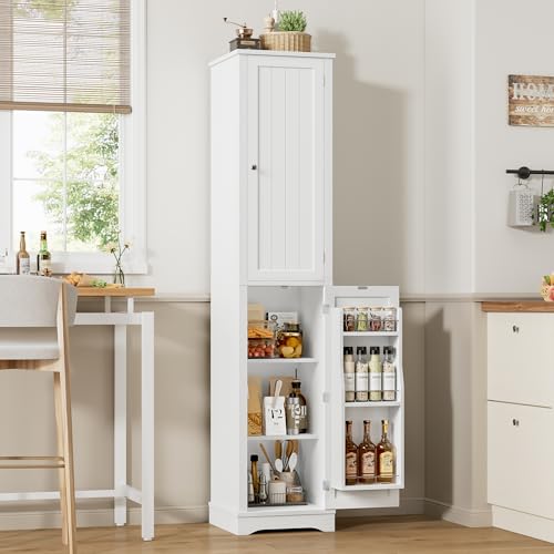 71" Tall Narrow Storage Cabinet with Reversible Doors, Small Pantry, White | Slim Kitchen Pantry with Adjustable Shelves, Spice Rack, Modern Narrow Cabinet for Bathroom, Living Room, Entryway