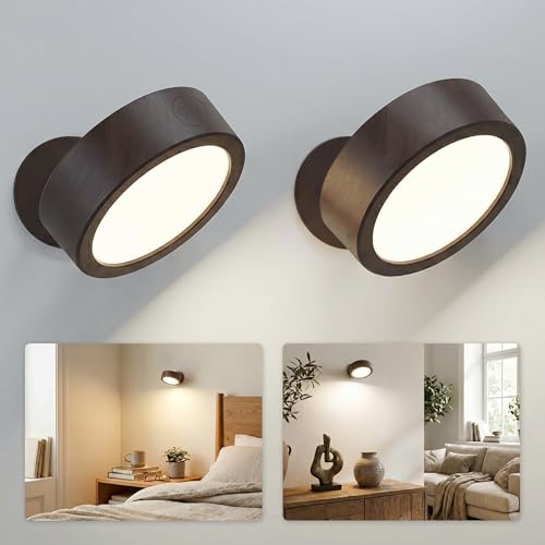 EZVALO LED Wall Mounted Light, 3000mAh Rechargeable Cordless Wall Sconce, Dimmable with Remote & Touch Control, 3 Color Temps, 360° Rotatable for Bedroom, Bedside, Reading(Walnut, 2Pack) - color: Dark Walnut Brown