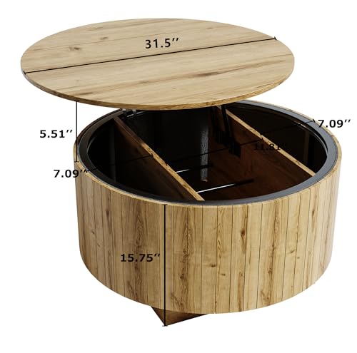 kepptory Round Lift Top Coffee Table with LED Lights, Mid Century Modern Wooden Coffee Tables with 3 Storage Space, Circle Center Table for Living Rooms,Dining Room,Bedroom Home Office,APP LED Lights - color: Natual