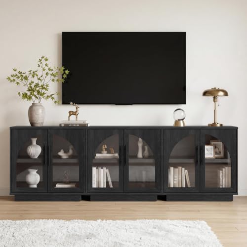 Fatmok Modular Entertainment Center & Buffet Cabinet, Extra Long Sideboard TV Stand with Arched Glass Doors, Modern Wooden Storage Cabinet for Living Room, Black Grey(DCCD,4-Piece) - color: Dccd-black Grey