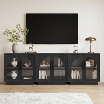 Fatmok Modular Entertainment Center & Buffet Cabinet, Extra Long Sideboard TV Stand with Arched Glass Doors, Modern Wooden Storage Cabinet for Living Room, Black Grey(DCCD,4-Piece) - color: Dccd-black Grey