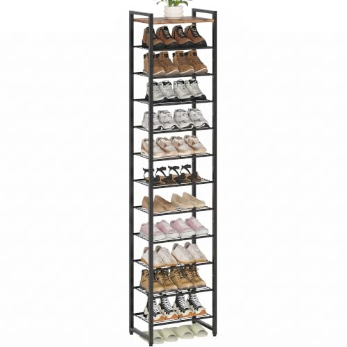 Narrow Shoe Rack 12-Tier, Tall Shoe Organizer for Small Spaces | Rustic Brown and Black, Holds Up to 26 Pairs, for Closets, Entryways, Garage, Dorm Rooms, Reinforced Wire Shelves, Wood Top - color: Rustic Brown and Black, size: 12 Tier