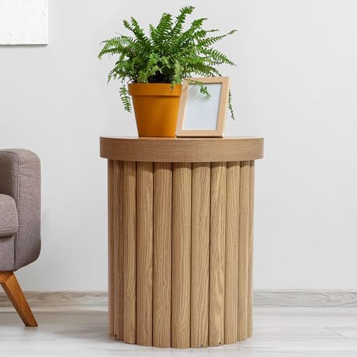 LuxenHome 19" Fluted Oak Round Side Table, Small End Tables Living Room | Mid Century Modern Small Side Tables for Small Space, Living Room Accent Table, Modern Wooden Night Table, Sofa Side Table - color: Oak