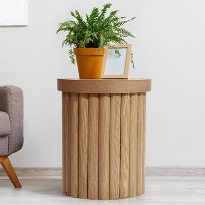 LuxenHome 19" Fluted Oak Round Side Table, Small End Tables Living Room | Mid Century Modern Small Side Tables for Small Space, Living Room Accent Table, Modern Wooden Night Table, Sofa Side Table - color: Oak