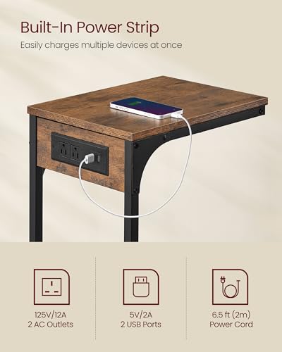 VASAGLE C-Shaped Side Table with Charging Station, 2 USB Ports and Outlets | End Table, C Table for Couch, Sofa, Adjustable Feet, for Bedroom, Living Room, Rustic Brown, BARNET Collection ULET362K01 - color: Rustic Brown + Ink Black