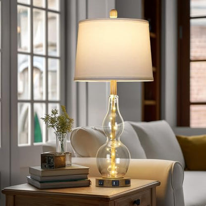 Rinweey 27.5" Clear Glass Table Lamp Set of 2 with Night Light,Bedside Lamps with USB Ports and AC Outlet, Modern Nightstand Lamps Retro Farmhouse lamp for Bedroom Living Room - color: Brown