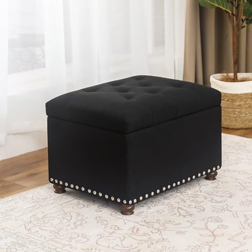 Storage Ottoman Bench, Rectangle 24″ Linen Foot Rest Stool Square Footstool for Living Room, Bedroom, Black - color: Line Black