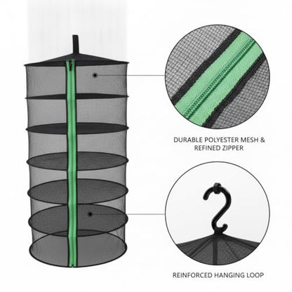 Collapsible Hanging Dryer with Zippered Mesh Layers, Space-Saving Foldable Air Drying Rack for Kitchen, Balcony, and Laundry (Black) - size: 12.99 x 12.99 x 68.9 in
