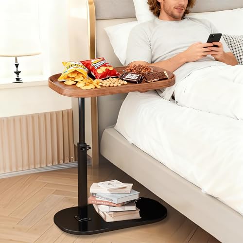 C Shaped Side Table Adjustable Height, 360° Swivel Couch End Table That Slide Under, Small C Shaped End Table for Sofa/Bed/Bathtub, Coffee TV Dinner Tray for Living Room, Bedroom, Bedside (Walnut) - color: Walnut