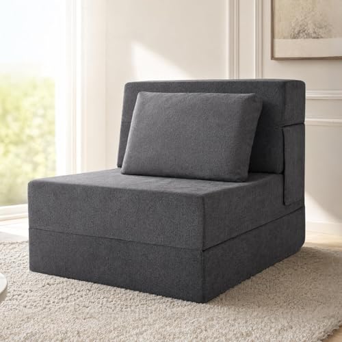 Folding Sofa Bed, Convertible Sleeper Chair with Pillow, Fold Out Chair Bed, High-Density Foam Floor Couch Bed, Foldable Futon Couch Lounge for Living Room (Grey, Single) - color: Grey, size: Single